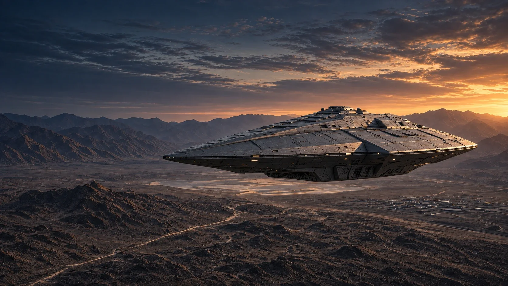 A Terran Fleet Command starship hovering low over a desert mountain range at dusk